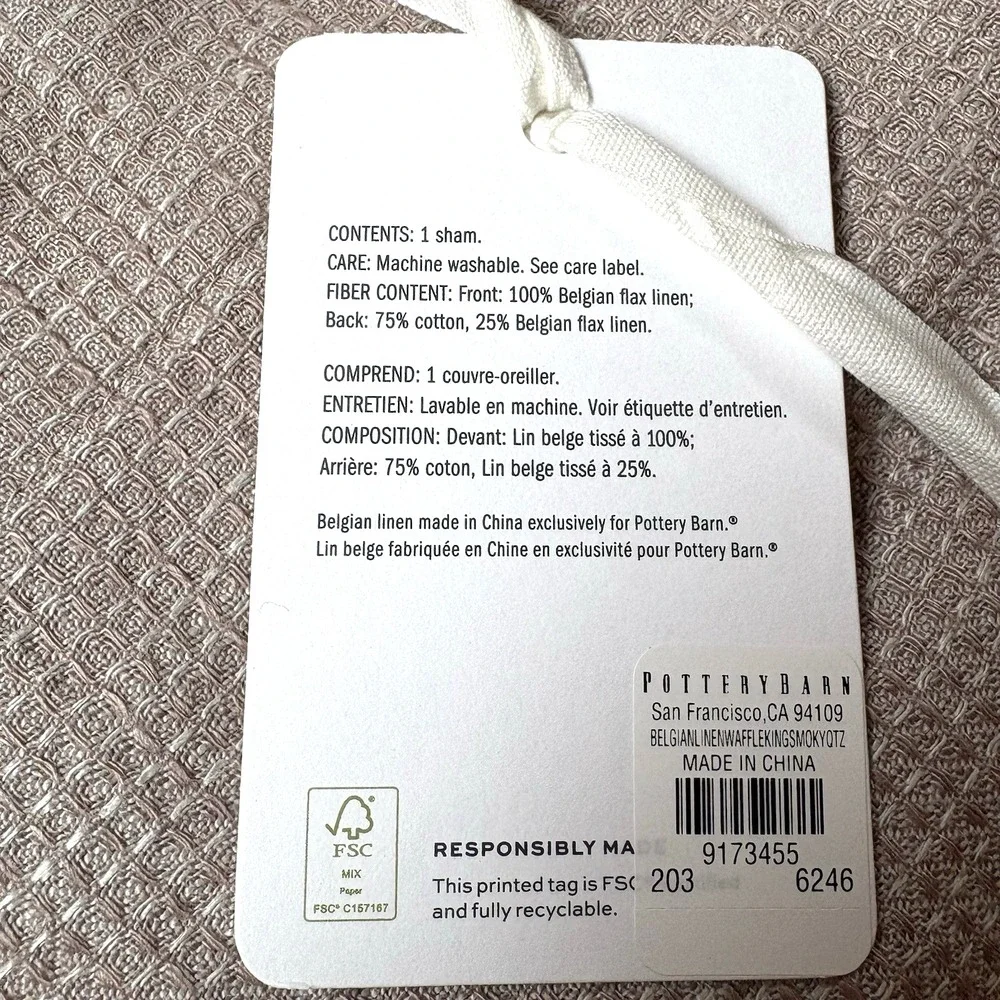 Pottery Barn Belgian Flax Linen Waffle Weave King Sham Smoky Quartz 36